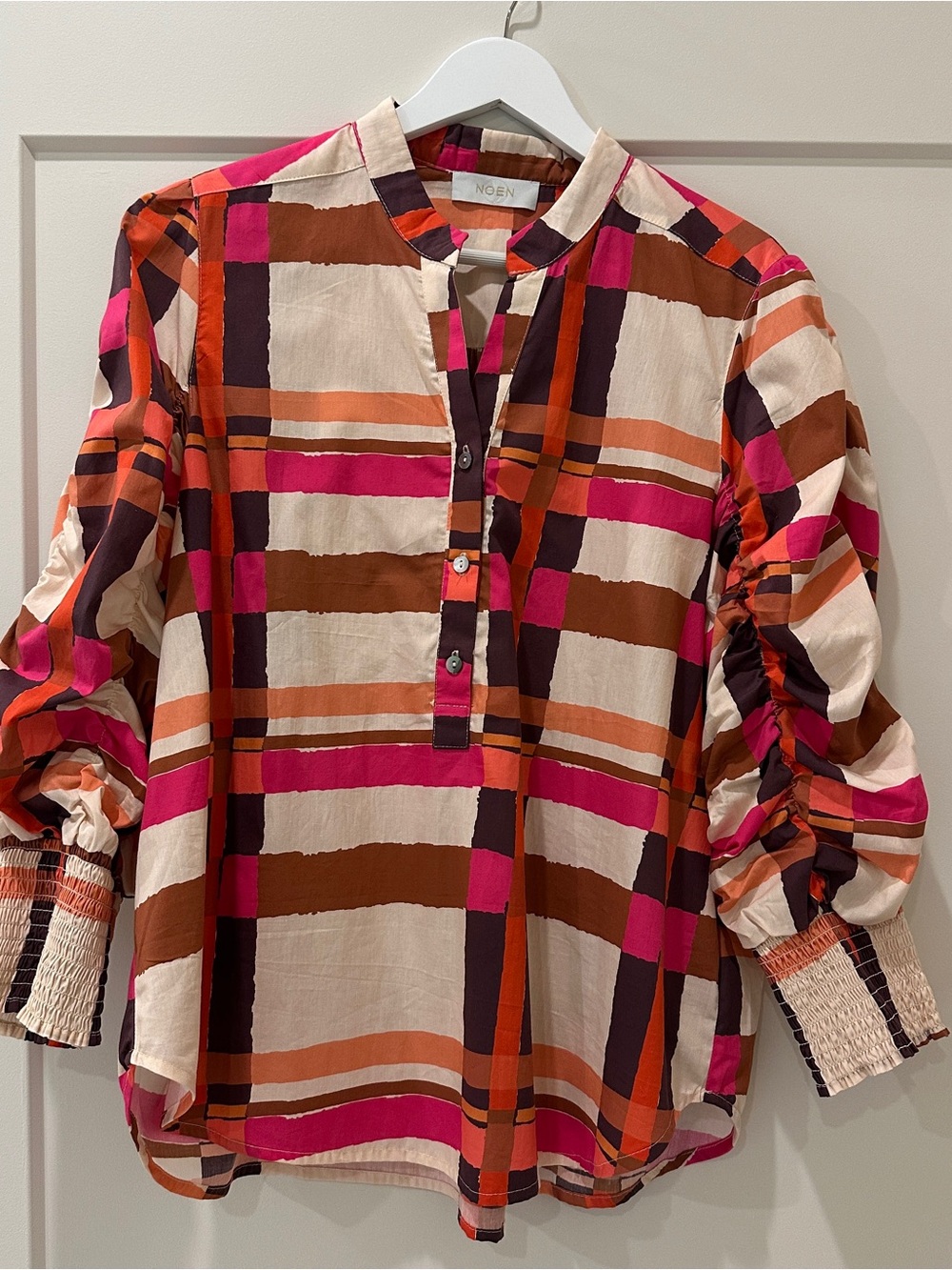 Multicolor Plaid Button-Front Blouse in Pink & Brown